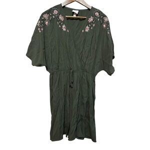 Knox Rose Olive Green Floral Embroidered V Neck Short‎ Sleeve Dress - Size L